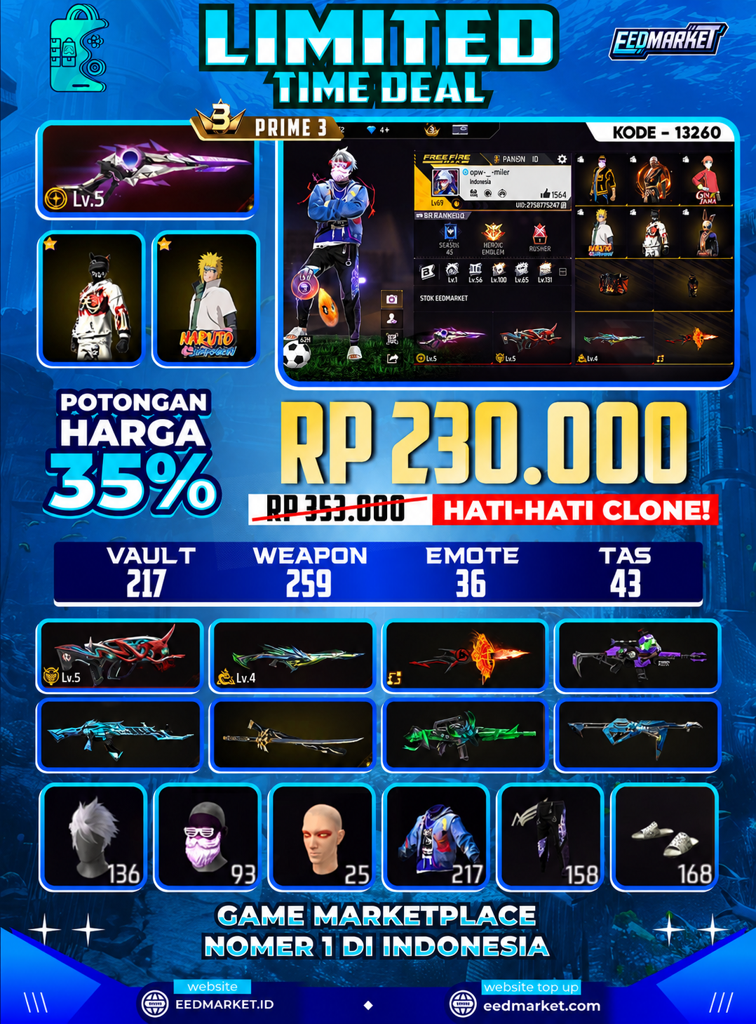 SG EVO LVL 5, EVO FAMAS LVL 5 EVO PARAFAL LVL 4 RAMBUT KAKASIH ON JENGGOT NEON ANIMASI KEDATANGAN NARUTO VAULT 217 PRIME 3