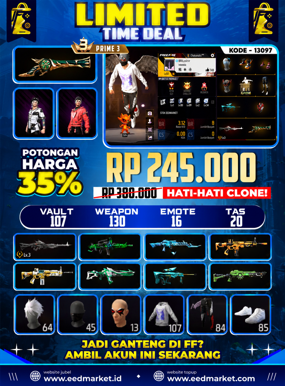 PRIME 3 SG TEROMPET EVO M60 LEVEL 3 CELANA ANGEL MERAH RAMBUT KAKASHI PUTIH