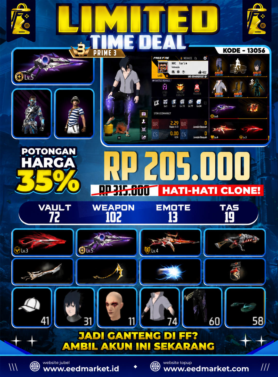 PRIME 3 EVO 3 SG EVO LEVEL 5 SG SCORPIO LEVEL 3  WODPEKER EVO LEVEL 4 BUNDLE COLAB SASUKE BUNDLE BANDIT GHOST CELANA ANGEL UNGU